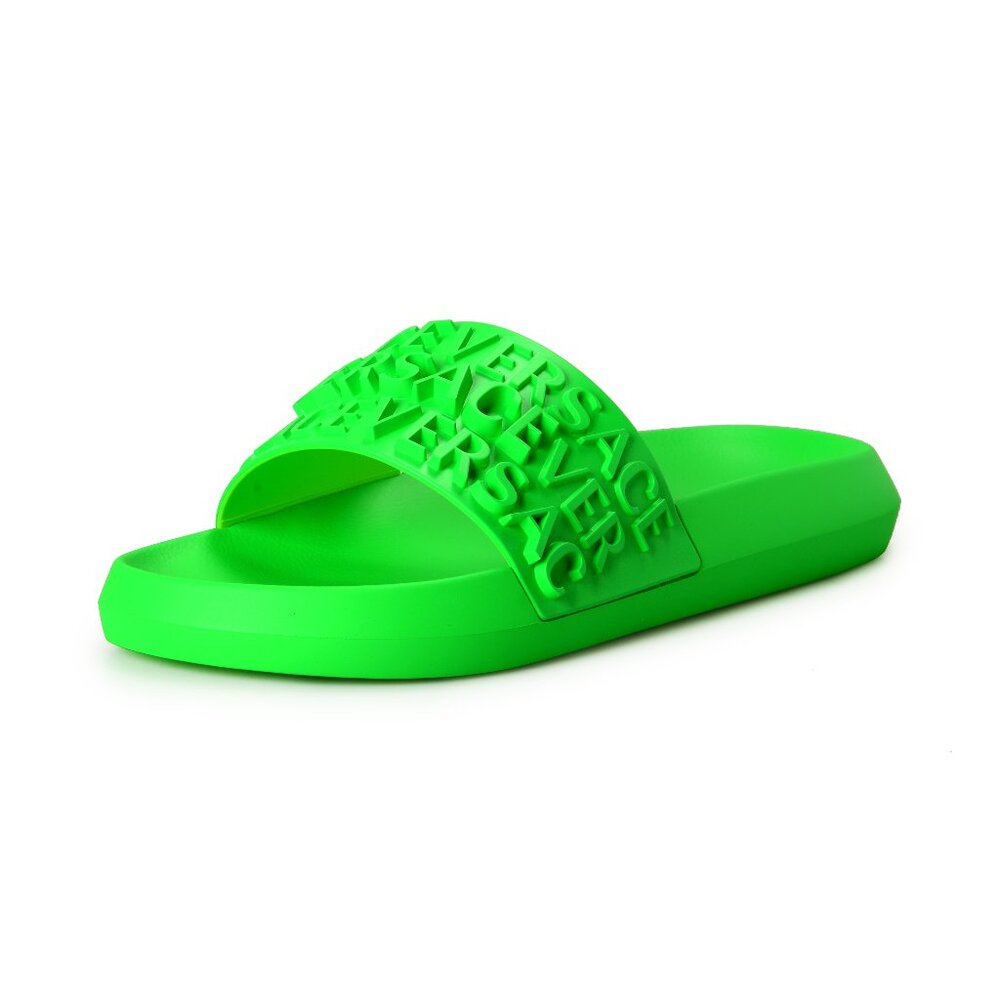 Versace Men's Lime Green Logo Embossed Pool Slide Flip Flops Shoes US 12 IT 45